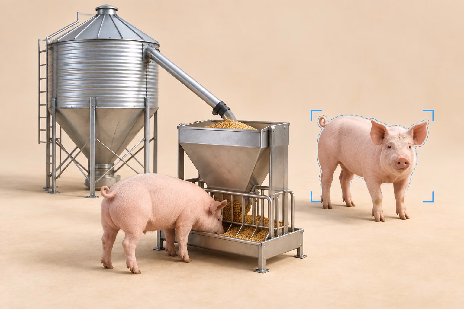 Ilustración de las tres operaciones de Olimpo: inventario de silo, alimentación y análisis del peso de los cerdos.